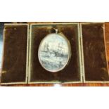 A 19th century miniature of ships, watercolour highlighted, in gilt frame and leather case