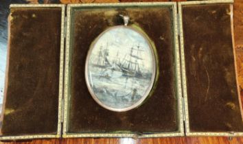 A 19th century miniature of ships, watercolour highlighted, in gilt frame and leather case