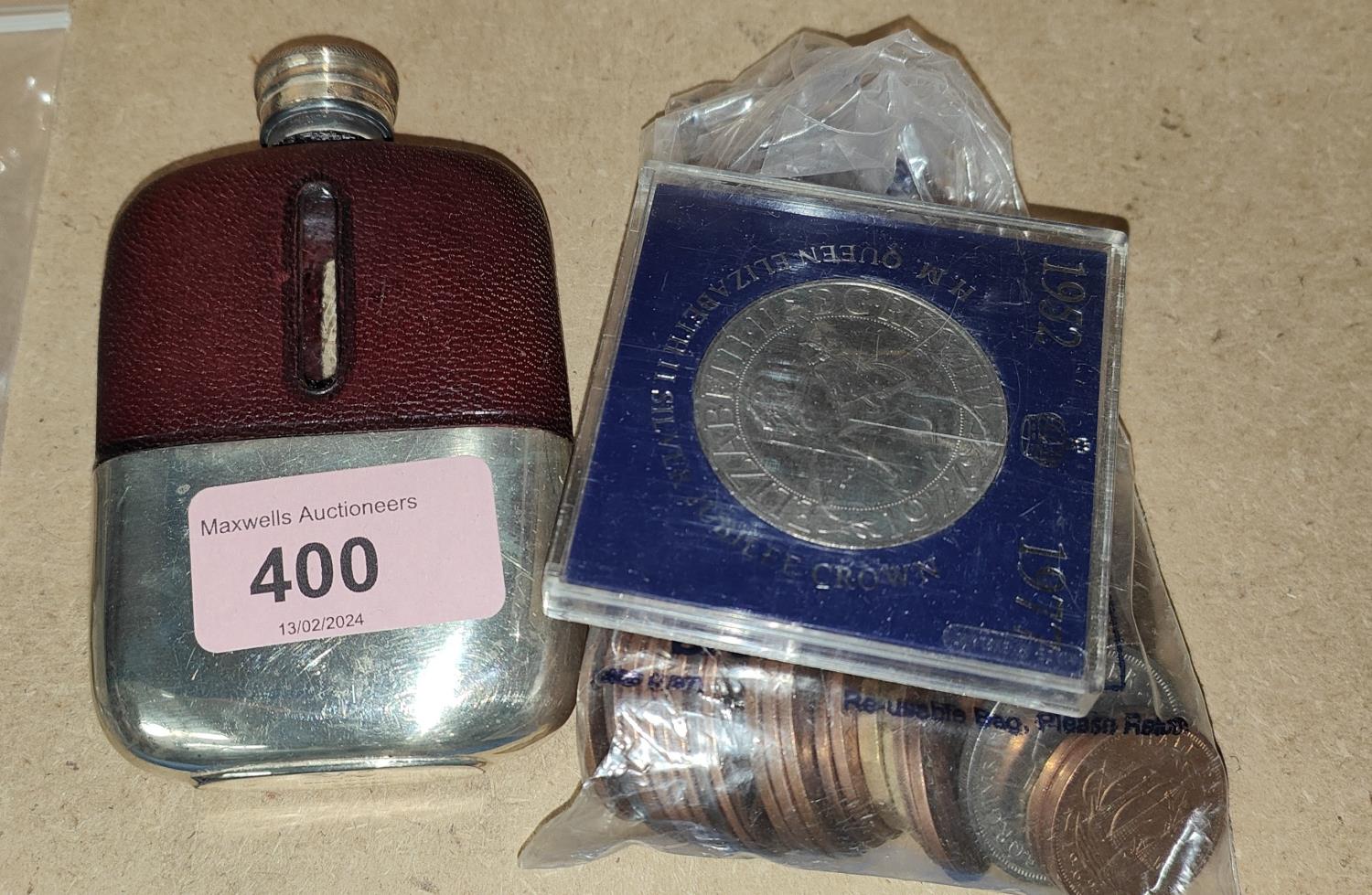 A collection of copper GB coinage and a silver plated and leather hip flask