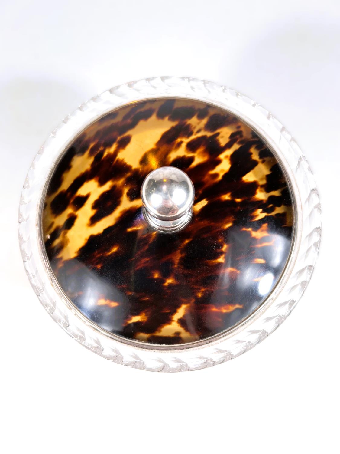 A large circular cut glass tray; powder bowl with tortoise shell and a hallmarked silver lid, London - Image 3 of 6