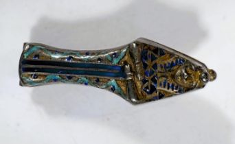 An unusual gilt and enamel sarcophagus with tiny opening to show entombed figure, (brooch pin to