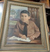 A 1930's oil on canvas portrait of a young man in shirt and tie reading, staring mesmerizingly out