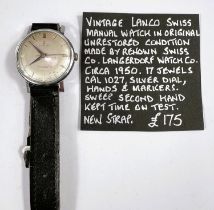 A Lanco vintage gents wristwatch, c. 1950's, silver dial, hands and markers