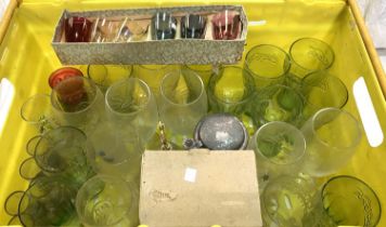 A collection of vintage coke glasses, decanters and other glassware