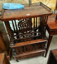 A Victorian figured walnut Canterbury with extensive marquetry inlay, brass galleried top, extensive