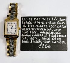 A Dreyfuss lady's wristwatch with silvered textured dial, black hands and numerals, 2 tone gold