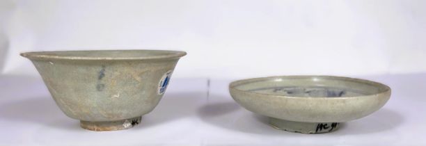 Two Chinese blue and white pieces, a bowl and dish both bearing labels for Christies Vung Tan
