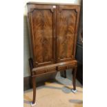 A reproduction mahogany drinks cabinet with 2 figured doors and 2 drawers
