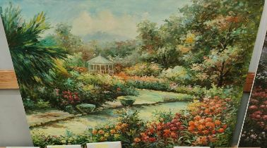 20th century oil on canvas, flower garden with pavilion,  122 x 92cm, signed Chuck Styles bottom