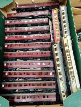 Fifteen Hornby cars/carriages, mainly maroon livery, 00 gauge
