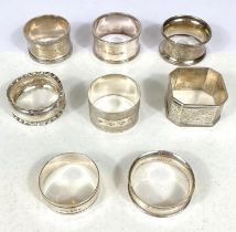 Eight hallmarked silver napkin rings, various dates, 4oz