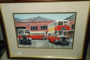 G. S. Cooper: gouache of buses, Macclesfield, framed and glazed