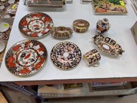 A Royal Crown Derby dish, other pieces of Royal Crown Derby including two lidded pots etc.