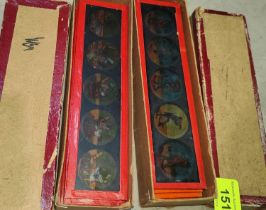 A selection of magic lantern slides in 2 boxes including humour, travel etc