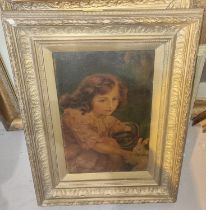 R. Edwards: 'Feeding the Rabbits', oil on board, young girl feeding rabbits, gilt frame, 35 x 22cm