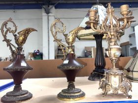 A 19th century ormolu 4 branch candelabra; a pair of ornate copper and brass ewers