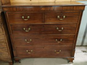 A large inlaid mahogany chest of three long two short drawers, shell inlay, brass swan neck handles,