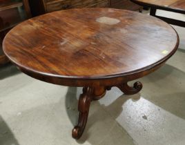 A large circular Victorian mahogany tilt top supper table on turned fluted column and 3 scroll feet,