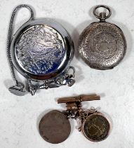 A silver and white enamel dial fob watch; a 9 carat gold Albert bar with silver fob and coin and a