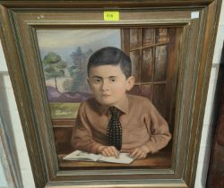 A 1930's oil on canvas portrait of a young man in shirt and tie reading, staring mesmerizingly out