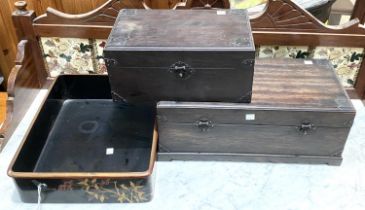 Two Chinese bears mounted boxes, 44cm, 30cm and a Japanese lacquer open box, 36cm