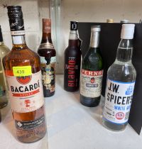 A 1 litre bottle of Bacardi Spiced rum and 4 other 70cl bottles of spirits including: Black Vodka;