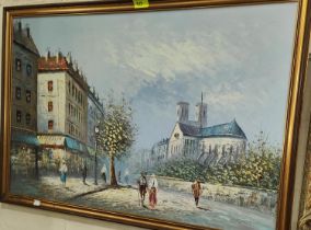 Burnett:  Continental city square with tall buildings and pedestrians, oil on canvas, signed, 50 x