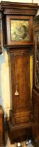 An 18th century country made oak longcase clock with moulded cornice and full length door, square
