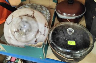 A cast iron cook pot, a Club cook pot, two spatter glass ceiling light bowls