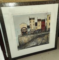 Tracey Savage:  Afternoon Matinee, tall houses on a quayside, signed limited edition print, 44 x