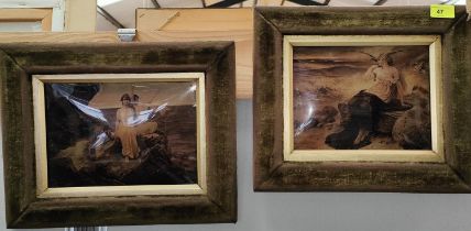 A pair of 19th century crystoleums of young girls by the seashore in green velvet covered frames