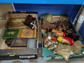 A collection of boxes, pewter carved wooden Russian dolls, Tartanware, pipes, other collectables etc