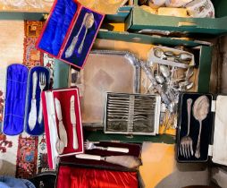 A selection of silver plated servers, boxed; other loose cutlery