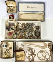 A quantity of costume jewellery including 2mourning brooches, silver Vesta, grouse foot brooch etc