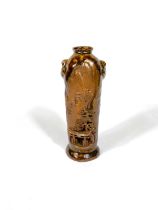 A Japanese part bisque brown stoneware vase, pierced decoration of a temple, with inscription, 14.