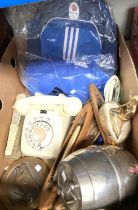 A brass roundell with hawk on branch, a vintage telephone and other collectables
