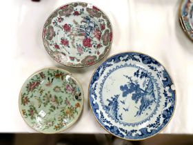 Three Chinese dishes, celadon, blue and white and another stapled (some damage)