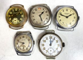 A black dial miliary style watch and four other similar period watches