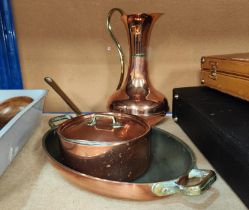 A copper lidded saucepan, a similar copper two handled dish, jug, other carved wood and metalware