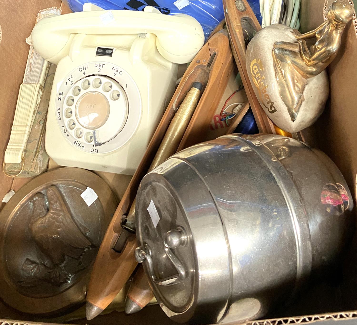 A brass roundell with hawk on branch, a vintage telephone and other collectables - Image 2 of 3
