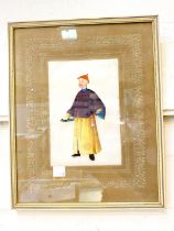 A 19th century Chinese rice paper painting of man with sword in scabbard, framed and glazed 16 x
