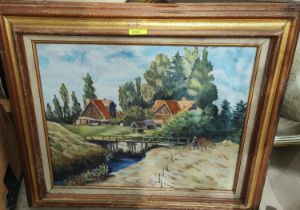 20th century oil on canvas, rural scene with figure and bridge, 40 x 49cm framed