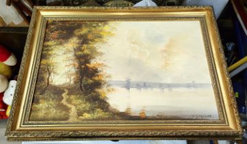 D. Spencer: - Oil on board, path beside a lake scene, local artist, gilt frame.