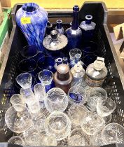 A selection of Bristol blue glassware:  medicine/apothecary bottles; other glassware