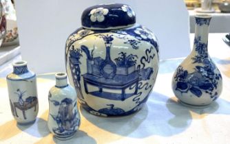 A Chinese blue and white ginger jar, two blue and white scent bottles and a blue and white vase