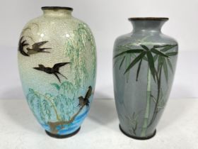 A Japanese Ginbari enamel vase with coloured decoration of birds in flight over a river, 3 character