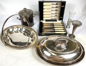 A selection of silver plate inc. entree dish, dish with swing handle, spoons, fish knives and