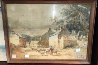 J. G. Sykes: watercolour of sheep herder in village, signed, framed and glazed