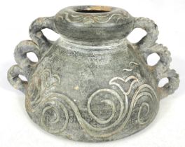 An unusual Chinese squat vessel with incised decoration and rope like handles, ht. 11cm