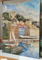 20th century oil on canvas, European coastal town, 122 x 92cm